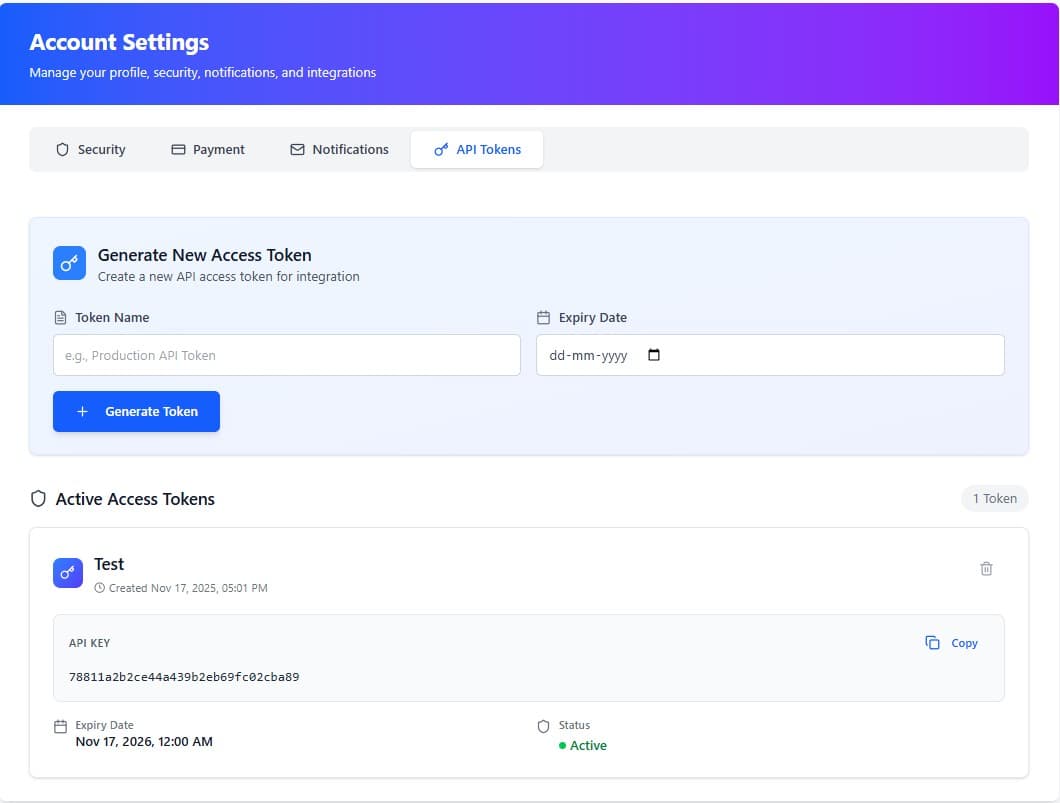 Generate API token screenshot